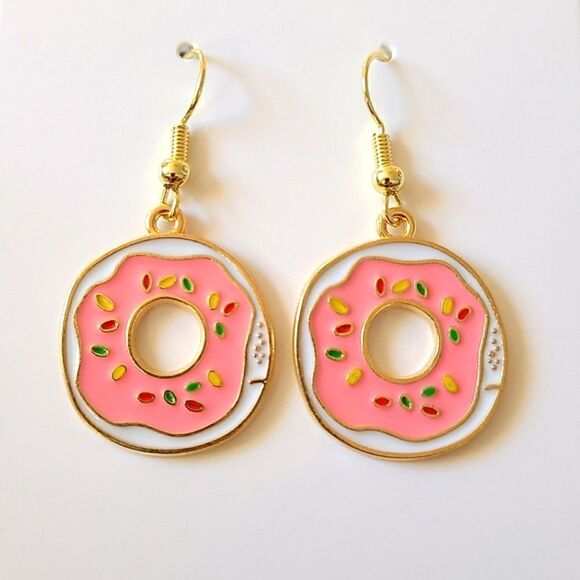 New Hand Crafted Pink Sprinkle Donut Cute Dangle Earrings 14K Gold Plated - Picture 1 of 1